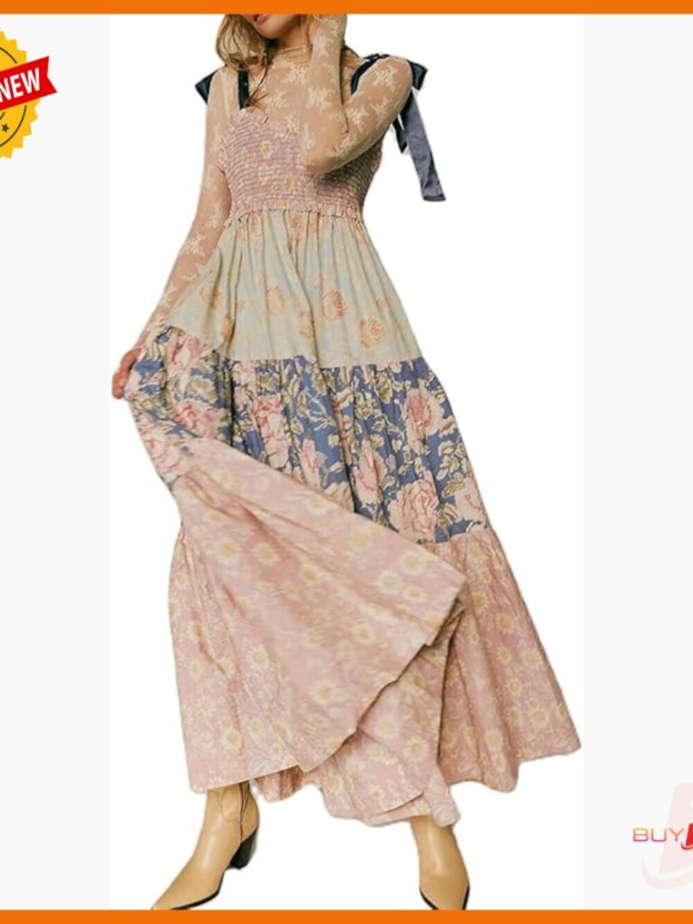 Floral Boho Maxi Dress with Pockets, Smocked Bodice, Tie Shoulder